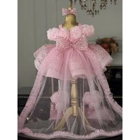 Customized Pink 3D Flower Girl Dress for Wedding Sequins with Train Knee Lenght Kids Birthday Party First Communion Gown