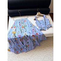 2026 Women's Fruit Flower Print Blue Set Embroidery High Waist A-Line Long Skirt + Ruffles Hem Square Collar Sleeveless Vest