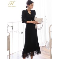 H Han Queen Women Winter OL Work 2 Pieces Suit Knitted top & Stitching Lace Long Skirt Simple Slim Casual Occupation Sweater Set