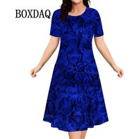 Blue Red Rose Flowers Dress Women Pullover Summer 3D Print Casual Retro Dress New 2024 Ladies Plus Size Short Sleeve Mini Dress