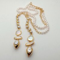 YYGEM Natural multi shape freshwater pearls gold plated sweater Chain Long Necklace For Women 52''