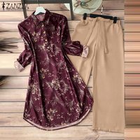 ZANZEA Women Pant Sets Vintage Floral Print Tops Solid Wide Leg Long Pant Sets Elegant Outfits Two Piece Suits Casual 2pcs Sets
