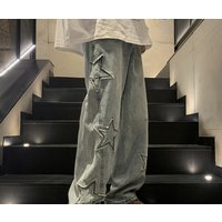 New Fashion Five-pointed Star Jeans Men High-waisted Vintage Streetwear Men Pants Baggy Winter Wide-leg Jeans Denim Men Clothing
