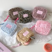Fashion Trendy Plush Square Leopard Pattern Makeup Bag Winter Cute Girl Portable Sanitary Cotton Storage Bag Wallet Women Gifts