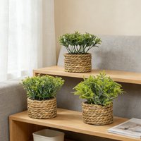 Artificial Potted Plants with Seagrass Handwoven Planters, Indoor Farmhouse Decorations, Office Shelf Tabletop Desk Room Decor