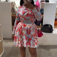 Women's Marine Print Two Piece Set Long Sleeve Cross Front Crop Top Pleated Mini Skirt Outfit Stylish Party Set For Dating