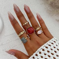 6Pcs Gold Color Irregular Ring Set For Women Vintage Metal Inlaid Colorful Stone Stackable Rings Trendy Daily Party Jewelry Gift