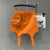 Harajuku Orange Skirt Women 2023 Summer New High Waist Casual Sports Skirts Sexy A- Line Short Mini Jupe Femme with Belt