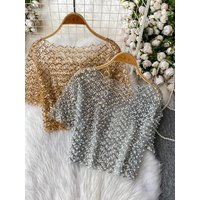 Female Summer Fashion New Tops American Style Round Neck Short Sleeves Beading Spliced Sequins Fashion Slimm Clothes