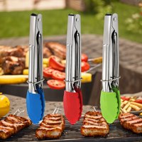 A Set of Three Barbecue Tongs with Silicone Tips, Made of Stainless Steel, Used As Cooking, Gripping Tools and Kitchen Gadgets.