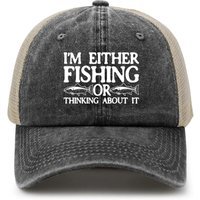 Unisex Baseball Cap with "I'm Either Fishing or Thinking About It" Design Gray Beige Trucker Hat for Outdoor Casual Wear