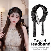 Korean Style Braid Flower Hair Hoop Exquisite Rhinestone Wide Hair Band Shiny with Tassel Party Celebration Tiara Holiday Decor