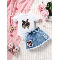 Summer Baby Girl Sweet Two-Piece Set Short-Sleeved Printed Top with Distressed Denim Mini Leopard-Print Skirt Outfit for Infants