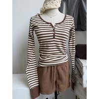 Brown Chic 2 Piece Sets Women Cute Cotton Slim Striped Long Sleeve Tee+Waffle Shorts Pant Female Sweet Cute Two Piece Sets Y2K