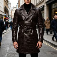 Luxury Men's Crocodile Embossed Leather Coat Lapel Collar Double Breasted with Belt Jacket for Business Casual Streetwear