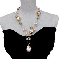 Y·YING Mother Of Pearl Shell Cultured Pearl Blue Murano Glass Gold Plated Neckace Women Jewelry Gift
