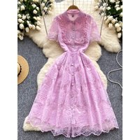 Ele Vintage Embroidered Lace Turn-down Collar Single-button Slimming Waist Dr Korean Sle High Waist A-line Skirt