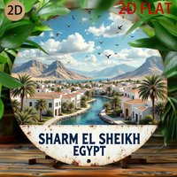 2D Flat - A Round Vintage Sign Depicting The Landscape of Sharm El Sheikh, Egypt, Perfect for Home Or Travel-Themed Decoration