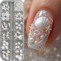 12Grid 3D Aurora White Starfish Seashell Conch Nail Charms Cute Pearls/Fish Tail/ Coconut Tree Nail Rhinestone Resin Beach Nails