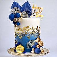 Blue and Gold Cake Balls Palm Leaf Cake Toppers Blue Happy Birthday Cake Topper Golden Cake Balls for Birthday Wedding