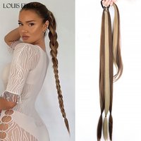 Long Braided Ponytail Extension for Women 32 Inches Brown Mixed Blonde Yaki Straight Wrap Around Hair Extensions with Hair Tie