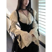 New Subculture Lace Vintage 3 Piece Set Women Design Flare Sleeve Shirt + Tunic Vest+ Mini Skirt Japanese Sexy Y2k Retro Outfits