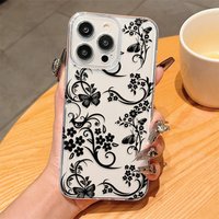 Ins Black Butterfly Flower Clear Phone Case For iPhone 16 15 14 13 12 11 Pro Max Plus 17 Air 13Mini Transparent Cover Fundas Bag
