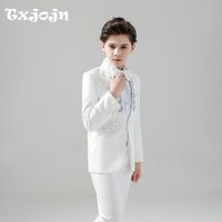 White Elegant Beaded Suit Set 2 Pieces For Kids Wedding Ring Bearer Outfit,Fashionable Stand-up Collar Boys Tuxedo For Party