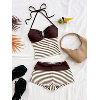 Women's brown two-piece slim shoulder strap shorts with metal buckle stripes, suitable for parties, Valentine's Day, Bohemian st