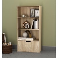 4 Tier Wide Wooden Bookcase Cupboard with 2 Doors Storage Shelving Display Shelf Cabinet Unit Oak with Oak Doors