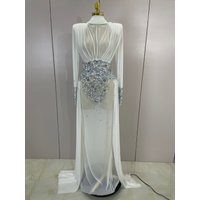 Elegant White Long Sleeves Mesh See-Through Maxi Abaya Women Evening Wedding Luxury Sparkly Diamonds Birthday Party Guest Gowns