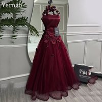 Verngo Wine Red Tulle Prom Gowns Women Halter A Line 3D Flowers Maxi Formal Occasion Dress Saudi Arabia Prom Gowns Customized