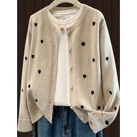 Women's Cute Heart Embroidery Cardigan, Button Front Knit Sweater, Casual Elegant Fall Winter Coat