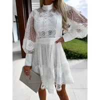 Spring Autumn New Solid Color Mini Dresses Women Sexy Hollow Out Lace Patchwork Short Dress Temperament Elegant Ladies Vestidos