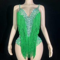 Sparkly Rhinestones Tassels Bodysuit for Women Sexy V Neck Slip Performance Dance Costume Singer Dancer Leotard Show Stage Wear