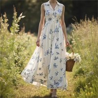 Elegant Women's Printed Sleeveless V-neck High-waist Dresses Summer New Style Fashion Buttoned V-neck Blouse Female Dress 2026