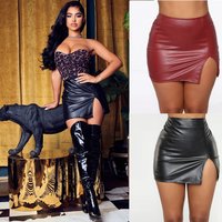 Women's Mini Skirt High Waist PU Leather Slim Slit Short Skirt Vintage Zipper Skinny Sexy Solid Black Leather Skirts for Women