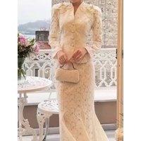 Elegant Luxuriou Long Skirt Outfit Sexy V-neck Long Sleeve Top & Fishtail Skirt Set Women Fashion Embroidery Solid Slim 2Pc Suit
