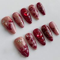 24Pcs Wine Red Almond Bow Heart Designs Press on Nails Glitter Cat Eye Diamond Nail Patch Wearable Elegant Full Cover Nail Tips