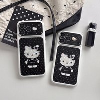 Black Polka Dot KT Sanrio Shockproof Phone Case For iphone 15 16 17 Pro Max Lens Protective Cover With Cute 3D KT Accessories