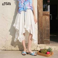 ELFSACK Elastic Waist A Line Midi Skirt, Striped Textured Irregular Ruffle Hem Skirt, Sweet Casual Layer Bottom for Women