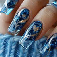 24pcs Blue Press on Nails Spicy Girl Gold Stripes Mid-length Ballet Nails Tips Sets Wearable Love Design Square Coffin Fake Nail