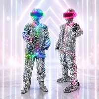 Shiny Silver LED Mirror Man Costume Adult Size for Party Nightclub Performance Glittering Mirror Robot Suit with Light-Up Featur