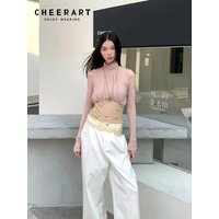 CHEERART Pile Collar Cold Shoulder Tops For Woman Pink Long Sleeve Lace Patchwork Blouse Designer Fashion 2026 Woman Spring
