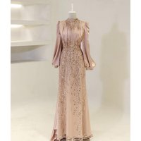 Customized Exquisite Charmeuse Beading Sequined Lace Draped A-line High Collar Long Dresses Bespoke Occasion Dresses Sparkle