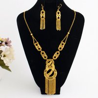 Bridal Indian Gold Color Earrings Necklace Sets Plated Long Pendant For Women Nigeria African Dubai Wedding Jewelry