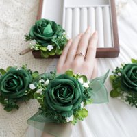 H0037 Green Rose Wrist Corsage Wristlet Band Bracelet and Men Boutonniere for Wedding Artificial Flower Prom Decorations