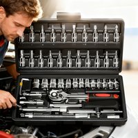 46pcs Heavy-Duty Professional Automotive Repair Tool Set, Including Ratchet Wrench, Sockets, Torque Wrench, Shockproof Toolbox