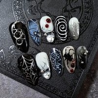 30pcs/Box Spider Web False Nails French Tips Halloween Press on Nails Medium Almond Women Holiday Decoration Full Cover Tips