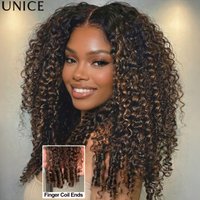 UNice No-Slip 7x5 Lace Ombre Brown Burmese Curly Wig With Finger Coil Ends 100% Human Hair Glueless Wig Ready To Go 150% Density